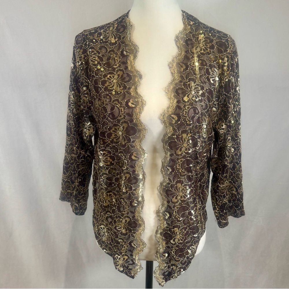 Brown and gold lace and sequin open front wrap top coverup size large NWOT